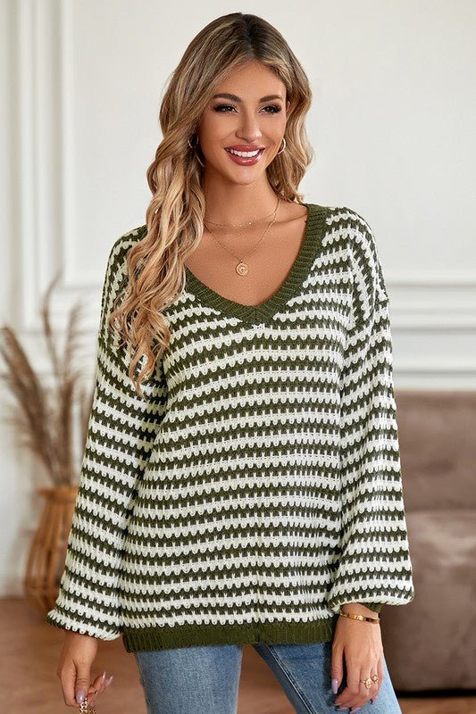 Striped V Neck Sweater - Arrowhead Boutique